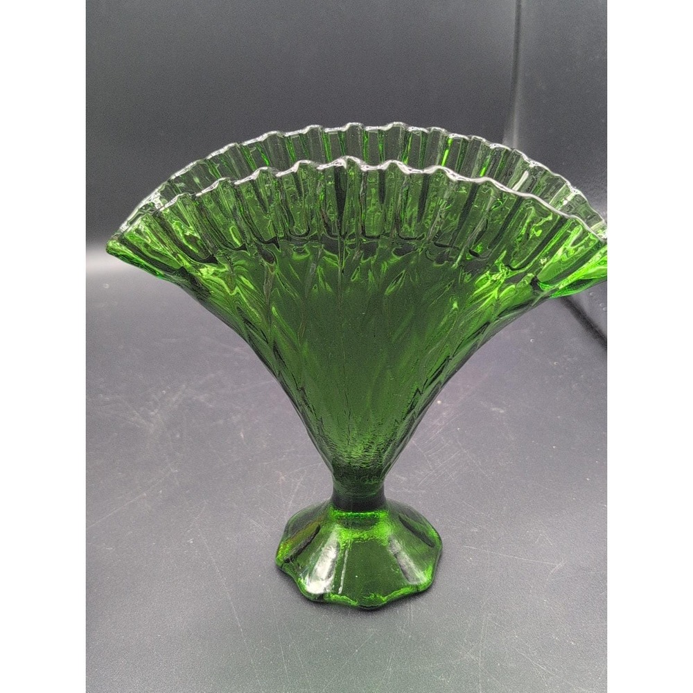 Vintage Green Art Glass Hand Blown Fan Shaped 8" Vase Crimped Rim Manganese Glow